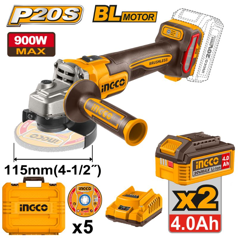 Ingco 20V Lithium-Ion Angle Grinder 900W + 2 x 4.0Ah CAGLI261522