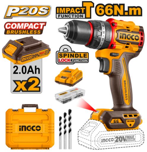 Ingco Lithium-ion Cordless 66Nm impact drill kit (20V)