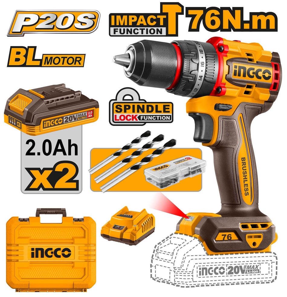 Ingco 20v 76n.m Compact Brushless Cordless Impact Drill kit