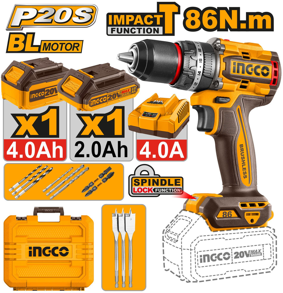 Ingco-20v 86n.m Brushless cordless impact drill kit