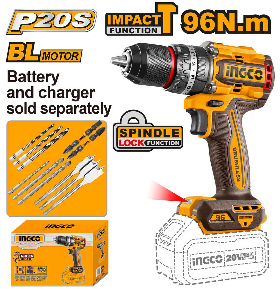 Ingco 96Nm Lithium-ion Brushless Cordless Impact Drill (20v)