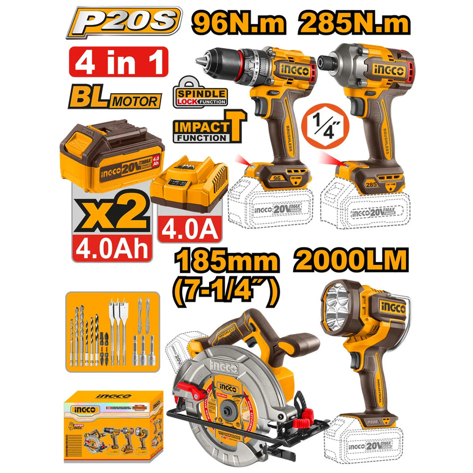 INGCO Cordless 20V 4 in 1 Combo Kit COSLI241297