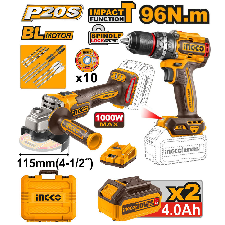 Ingco Cordless 20V Lithium-Ion Angle Grinder and 96NM Drill Kit