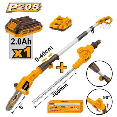 Ingco 20V Lithium-Ion Pole Saw With Pole Hedge Trimmer + 1 x 2.0Ah CPTS201681