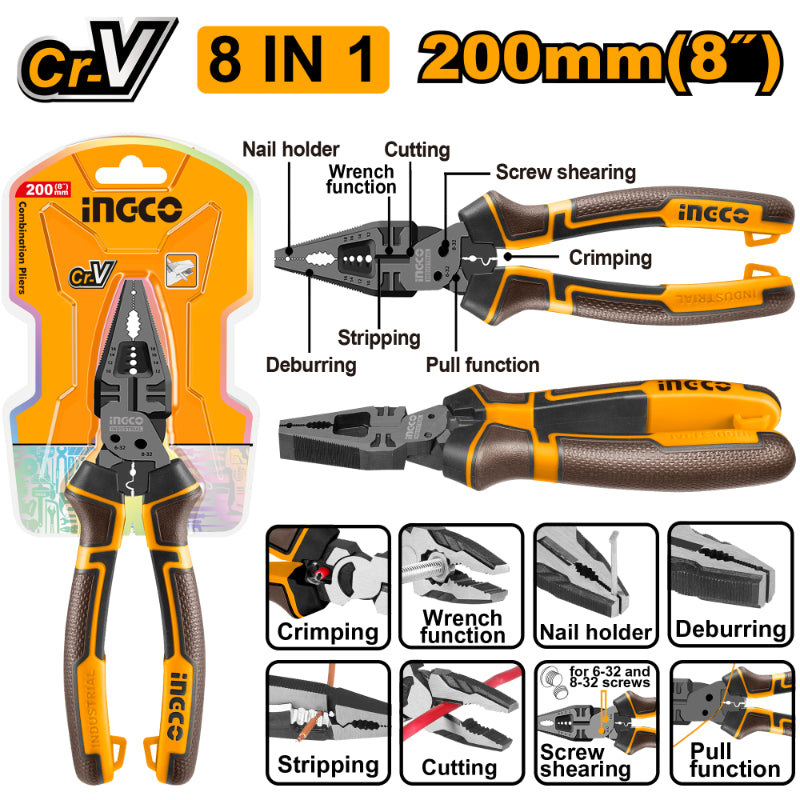 Ingco 8-In-1 Multi-Function Combination Pliers 200mm HMFCP28200